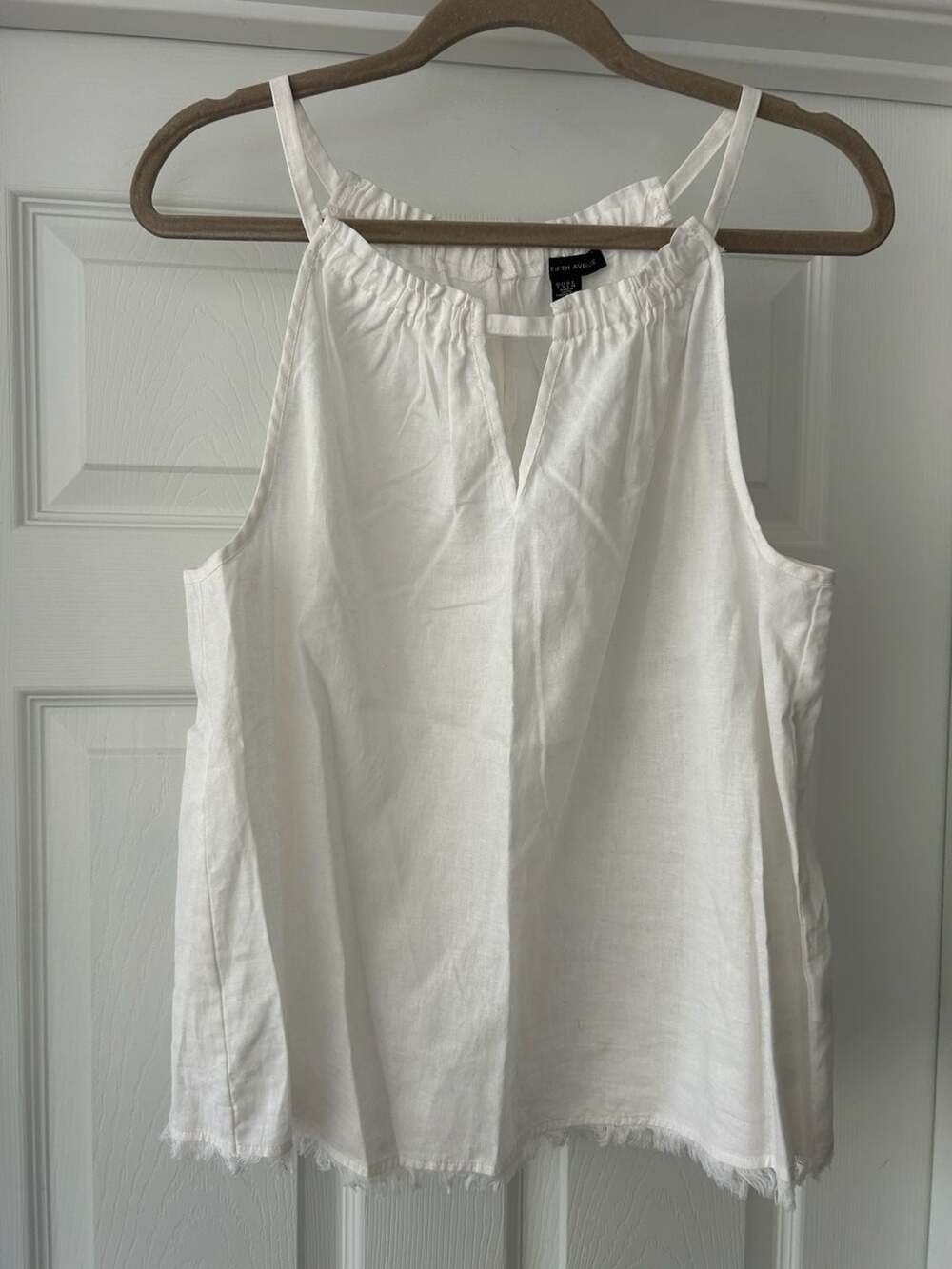 Saks Fifth Avenue White Sleeveless Linen Blend Halter Tank Top with Frayed Hem
